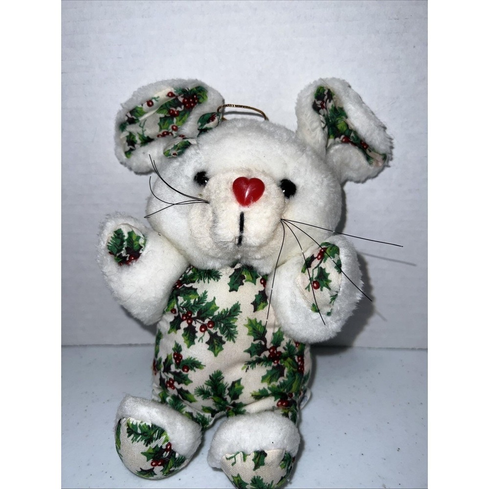 Vintage Cloud 9 Plush Toy Christmas  Stuffed Animal White Mouse Poinsettia 8"